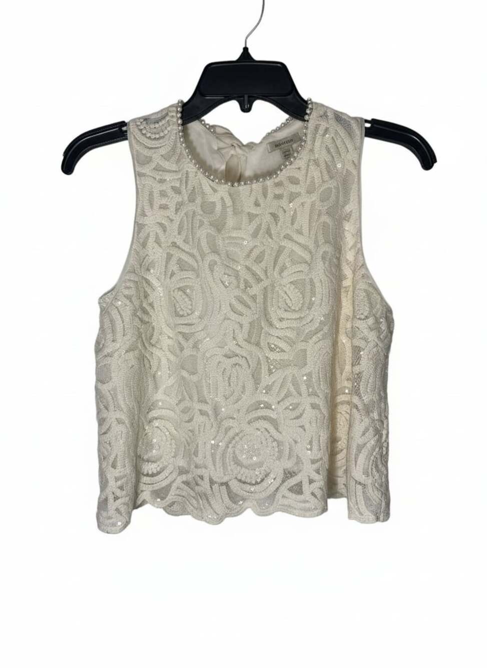 MOTF Premium Pearl Trim Sequin Lace Crop Top with Tie Back